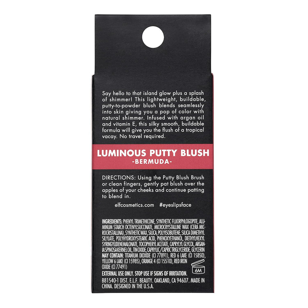 e.l.f. Luminous Putty Blush. Putty-to-Powder. Buildable Blush With A Subtle Shimmer Finish. Highly Pigmented & Creamy. Vegan & Cruelty-Free. Bermuda