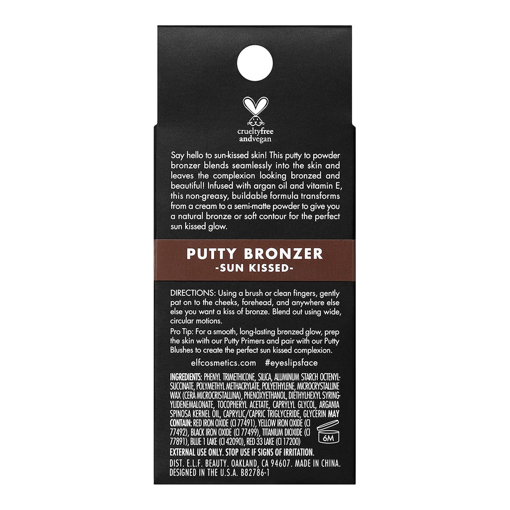 e.l.f. Putty Bronzer. Creamy & Highly Pigmented Formula. Creates a Long-Lasting Bronzed Glow. Infused with Argan Oil & Vitamin E. Sun Kissed. 0.35 Oz