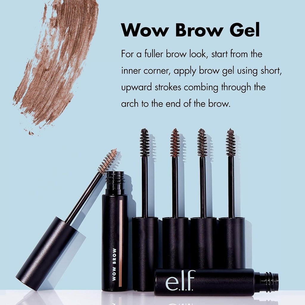 e.l.f. Wow Brow Gel. Volumizing. Buildable. Wax-Gel Hybrid. Creates Full. Voluminous-Looking Brows. Locks Brow Hairs In Place. Taupe