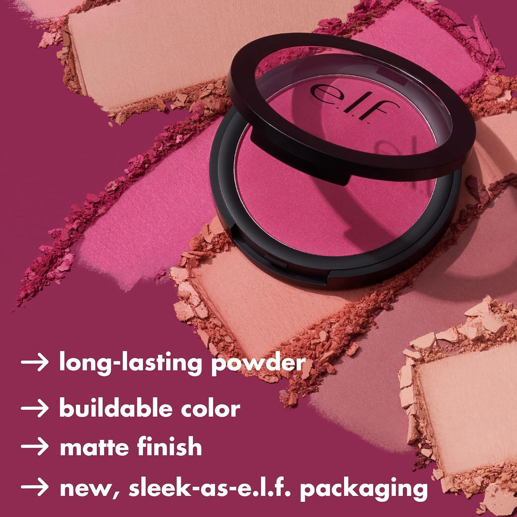 e.l.f. Primer-Infused Matte Blush. Always Crushing | Long-Lasting. Lightweight & Buildable Powder Blush. Delivers A Matte Finish. Vegan & Cruelty-Free