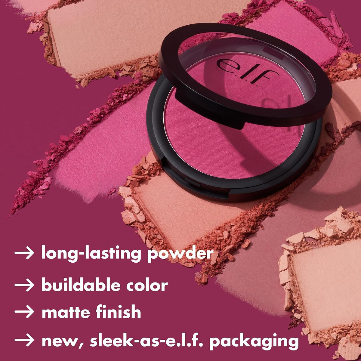 e.l.f. Primer-Infused Matte Blush. Always Crushing | Long-Lasting. Lightweight & Buildable Powder Blush. Delivers A Matte Finish. Vegan & Cruelty-Free