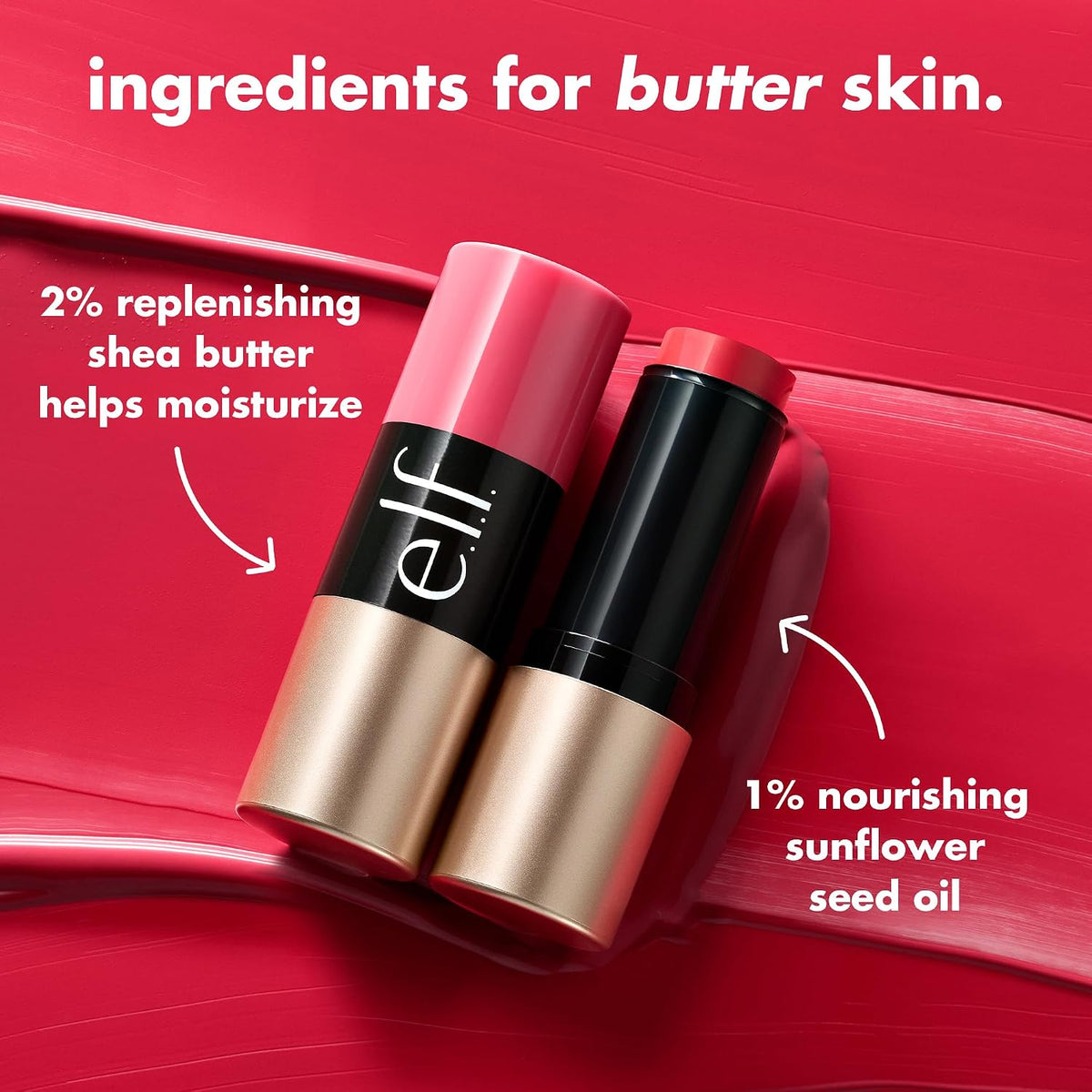 e.l.f. Soft Glam Cream Blush Stick. Buildable Natural Flush. Pink On It | Creamy Blendable Texture. Soft Satin Finish. Lightweight Buildable Color. Easy On-the-Go Application. Vegan & Cruelty-Free
