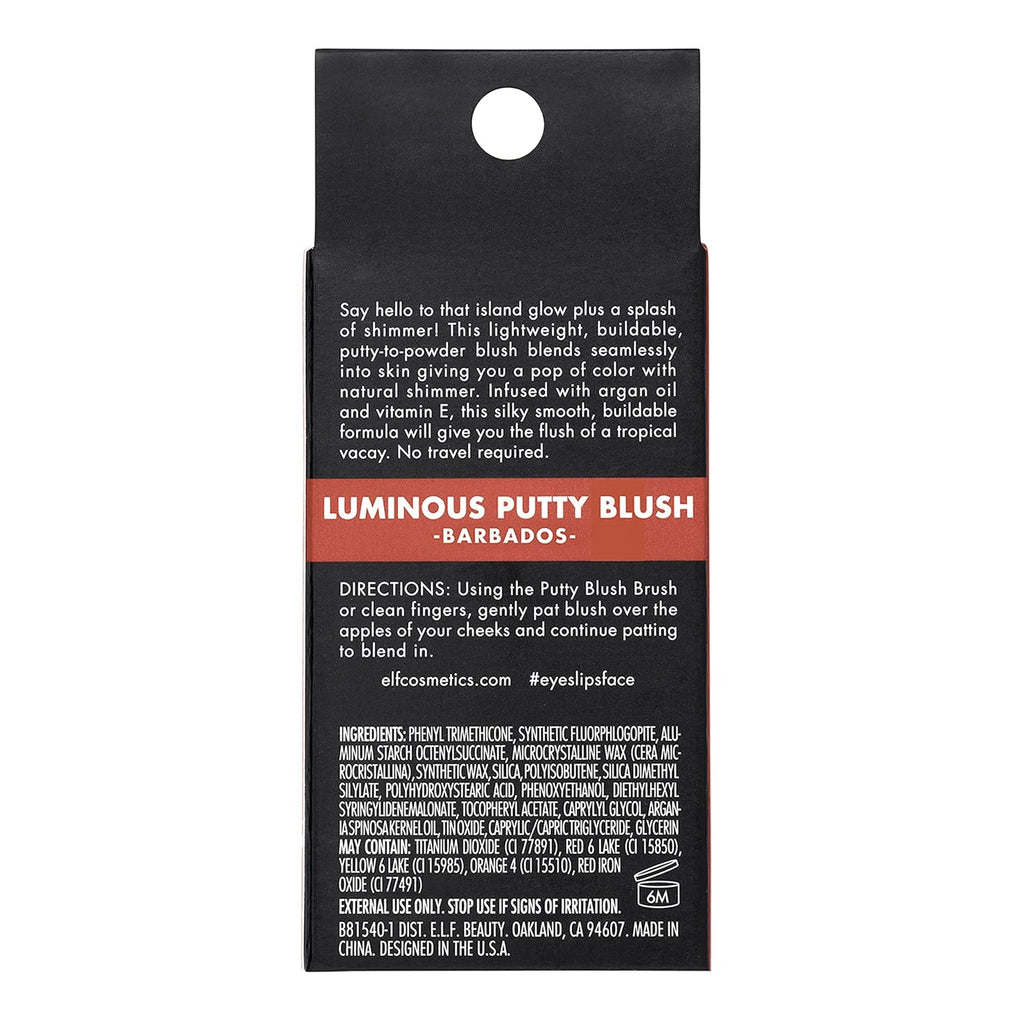 e.l.f. Luminous Putty Blush. Putty-to-Powder. Buildable Blush With A Subtle Shimmer Finish. Highly Pigmented & Creamy. Vegan & Cruelty-Free. Barbados