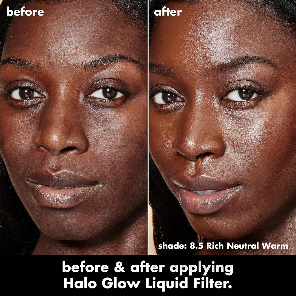 e.l.f. Halo Glow Liquid Filter. Hydrating Complexion Boost. 8.5 Rich | Soft Focus. Luminous Natural Glow for Face & Body. Infused with Hyaluronic Acid & Squalene. Vegan & Cruelty-Free